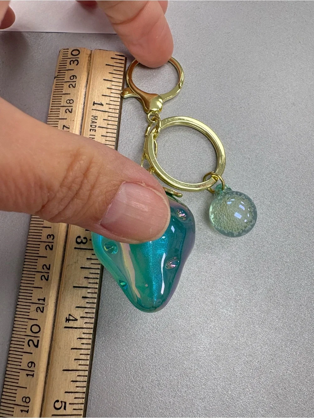 Iridescent Blue Green Strawberry Bag Charm Keychain Gold Accents
